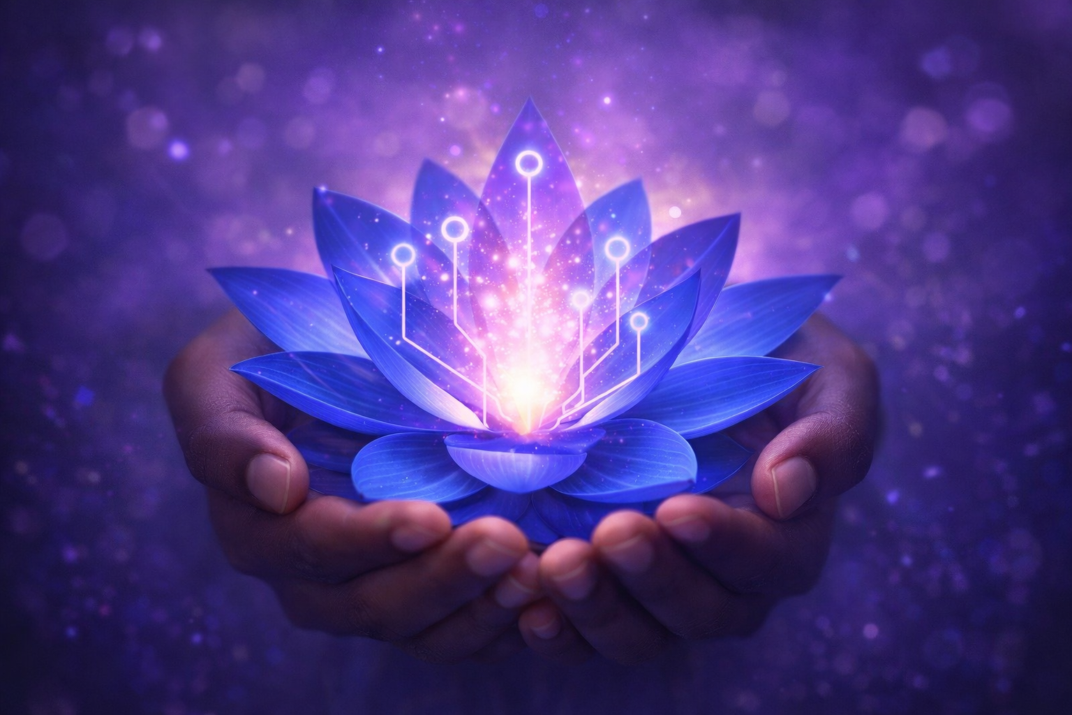A luminous blue lotus resting in open hands